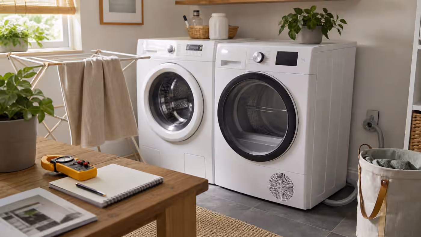 A laundry room with a ventless heat pump dryer, washer, drying rack, condensate hose, notebook, and energy planning tools.