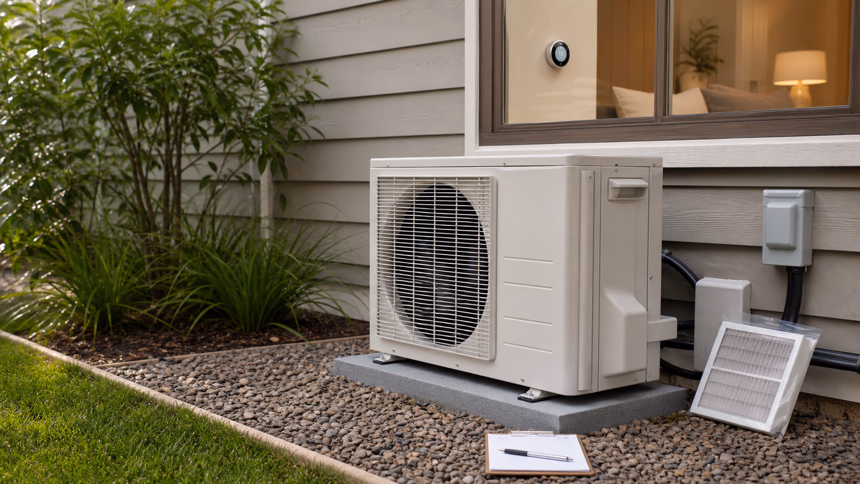 A heat pump home setup with outdoor unit, indoor comfort notes, airflow paths, and a practical electrification planning scene