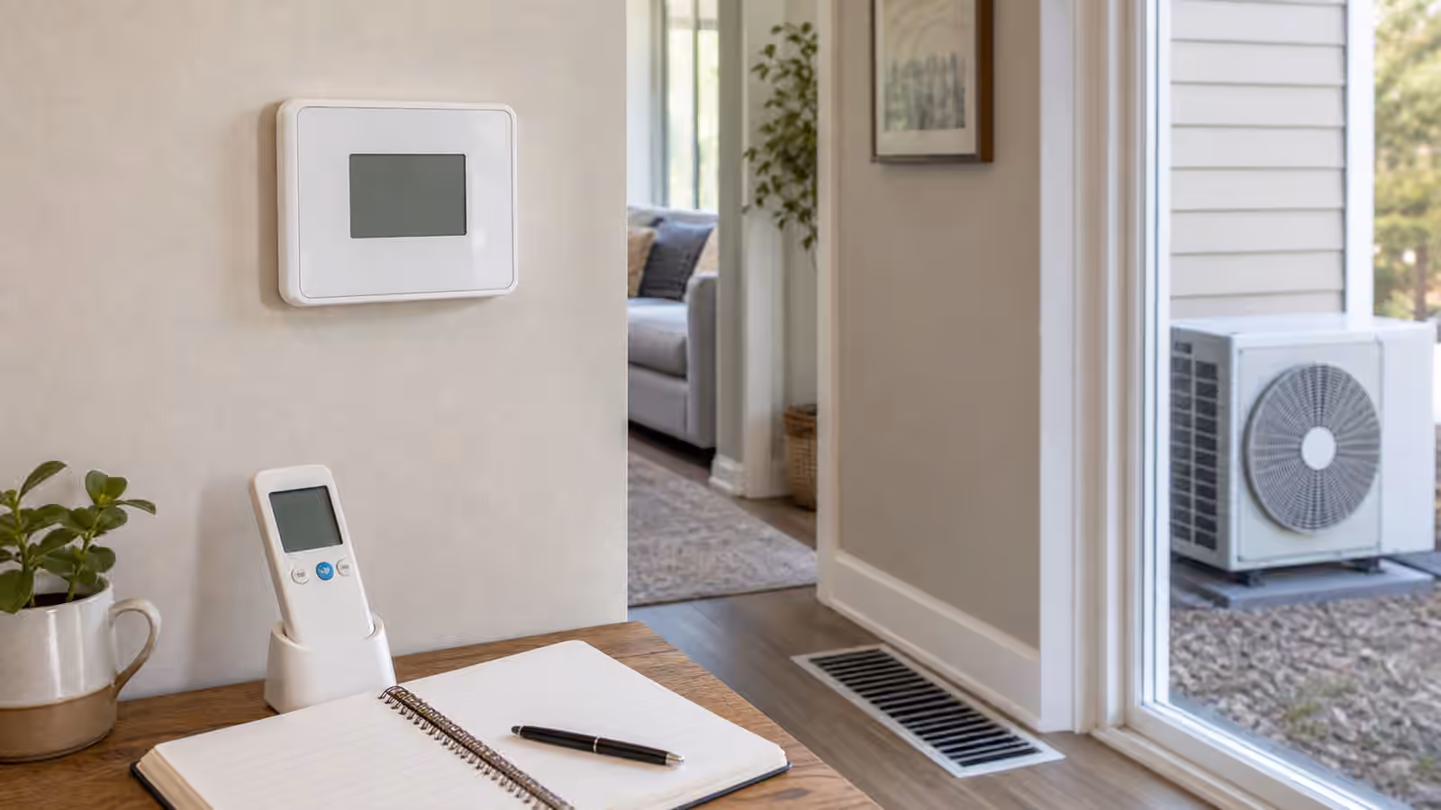 A wall thermostat, heat pump remote, floor register, notebook, and outdoor heat pump unit in a quiet home hallway.