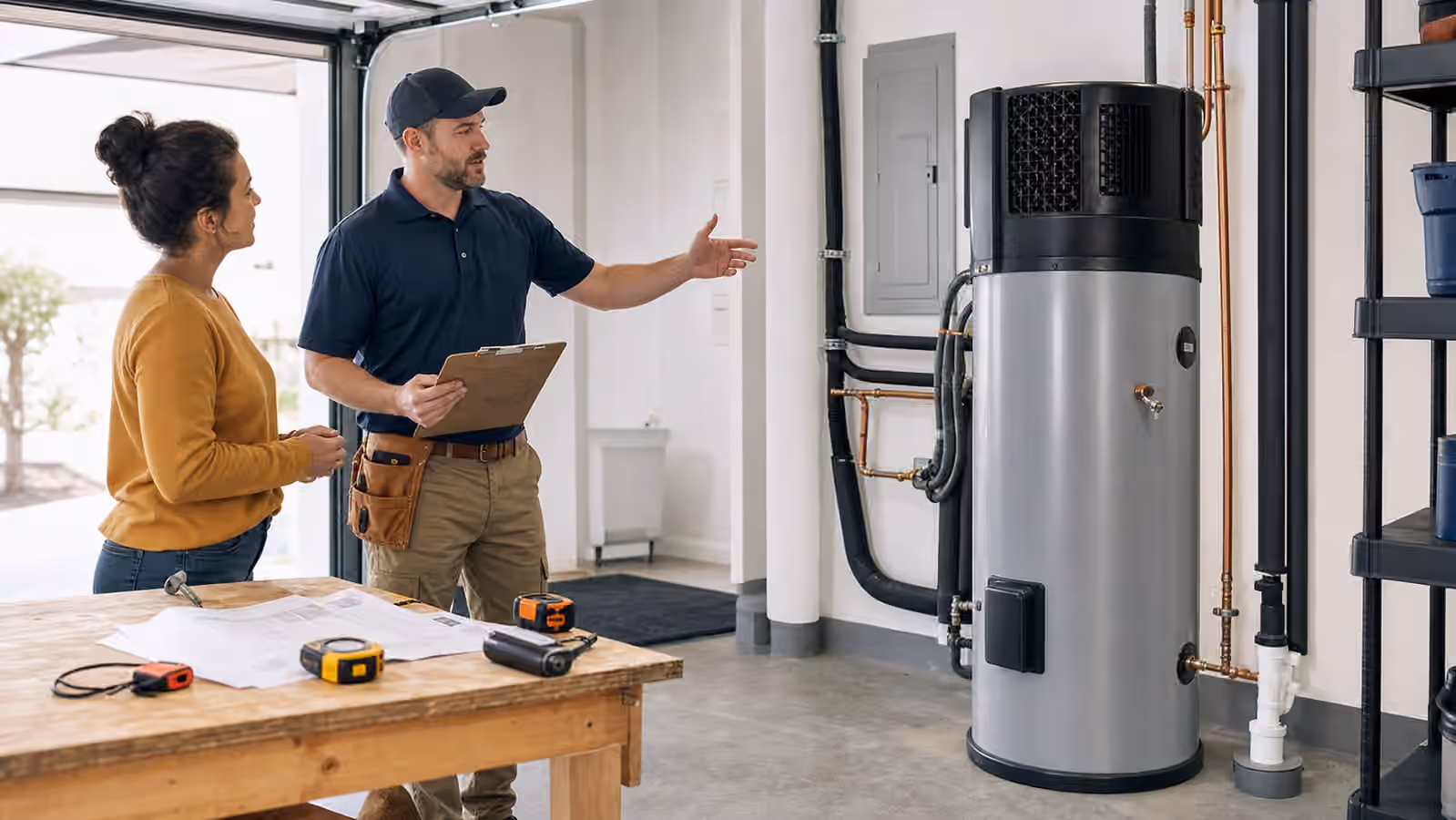 An installer and homeowner review a heat pump water heater in a tidy utility room.