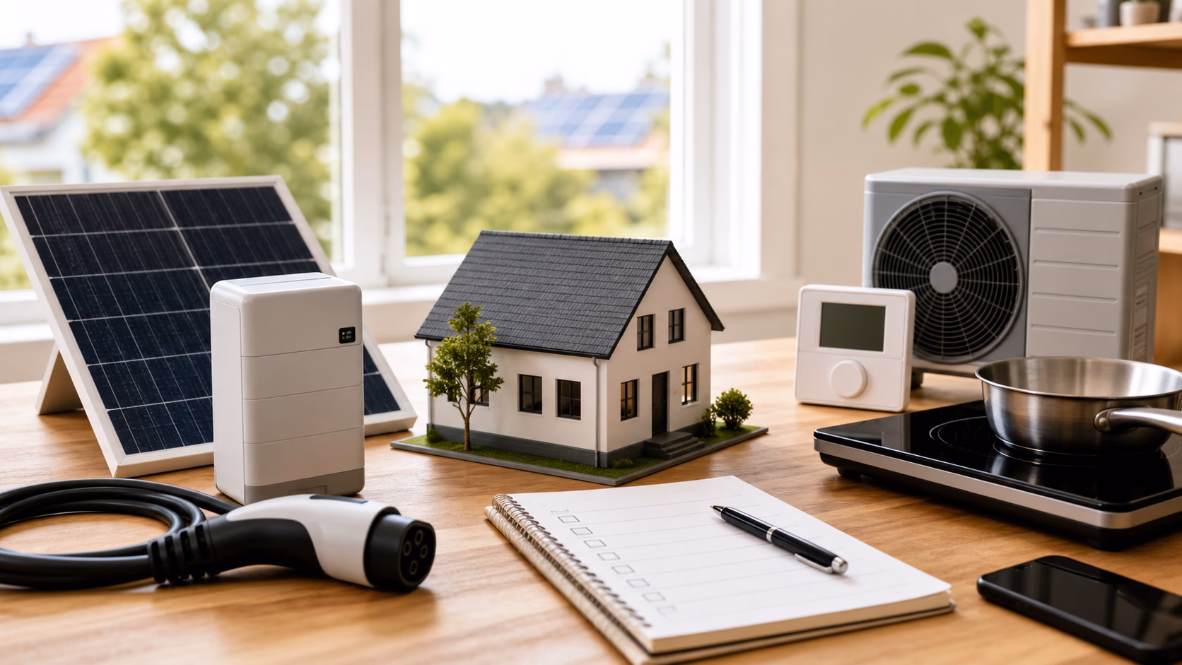 A clean home energy planning bench with a small house model, solar panel shapes, battery modules, EV cable, heat pump outdoor unit, and a simple circuit path, teal and amber technical illustration