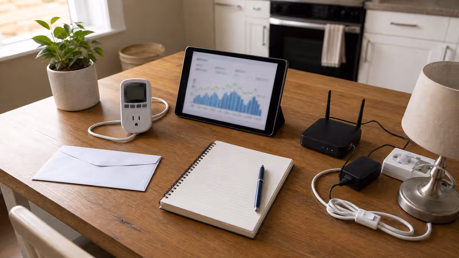 A home energy monitoring table with a plug-in meter, tablet graph, notebook, router adapter, and household cords.