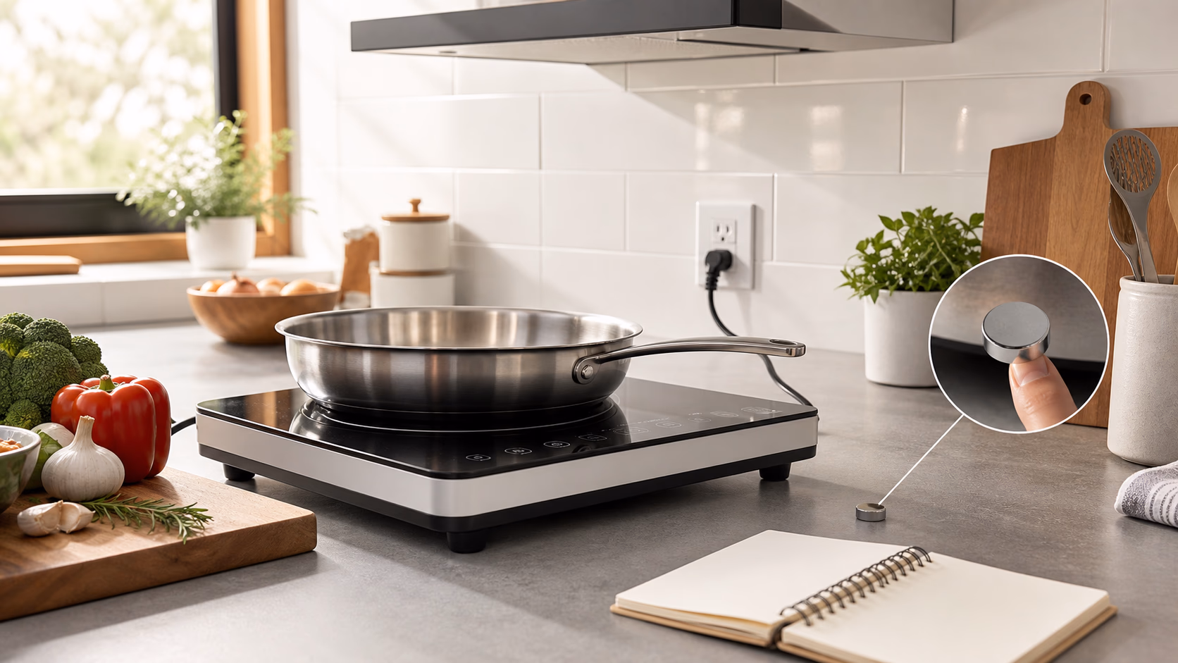 An induction kitchen setup with compatible cookware, a clean cooktop, ventilation notes, and everyday cooking tools