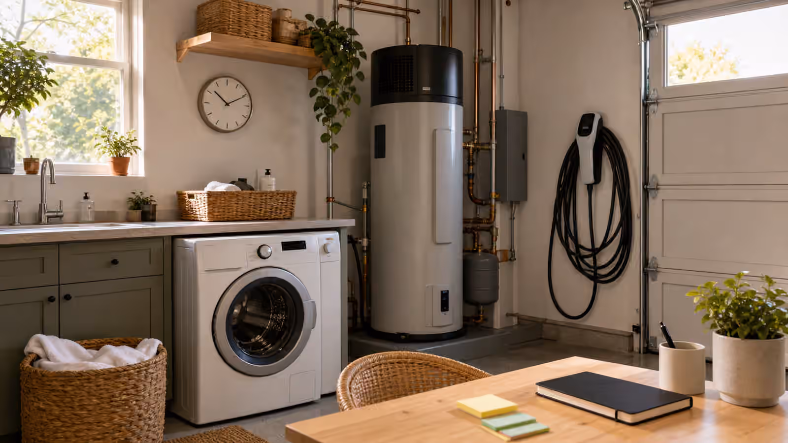 A laundry and utility room with a heat pump water heater, washing machine, EV charging cable, timer, and planning table.