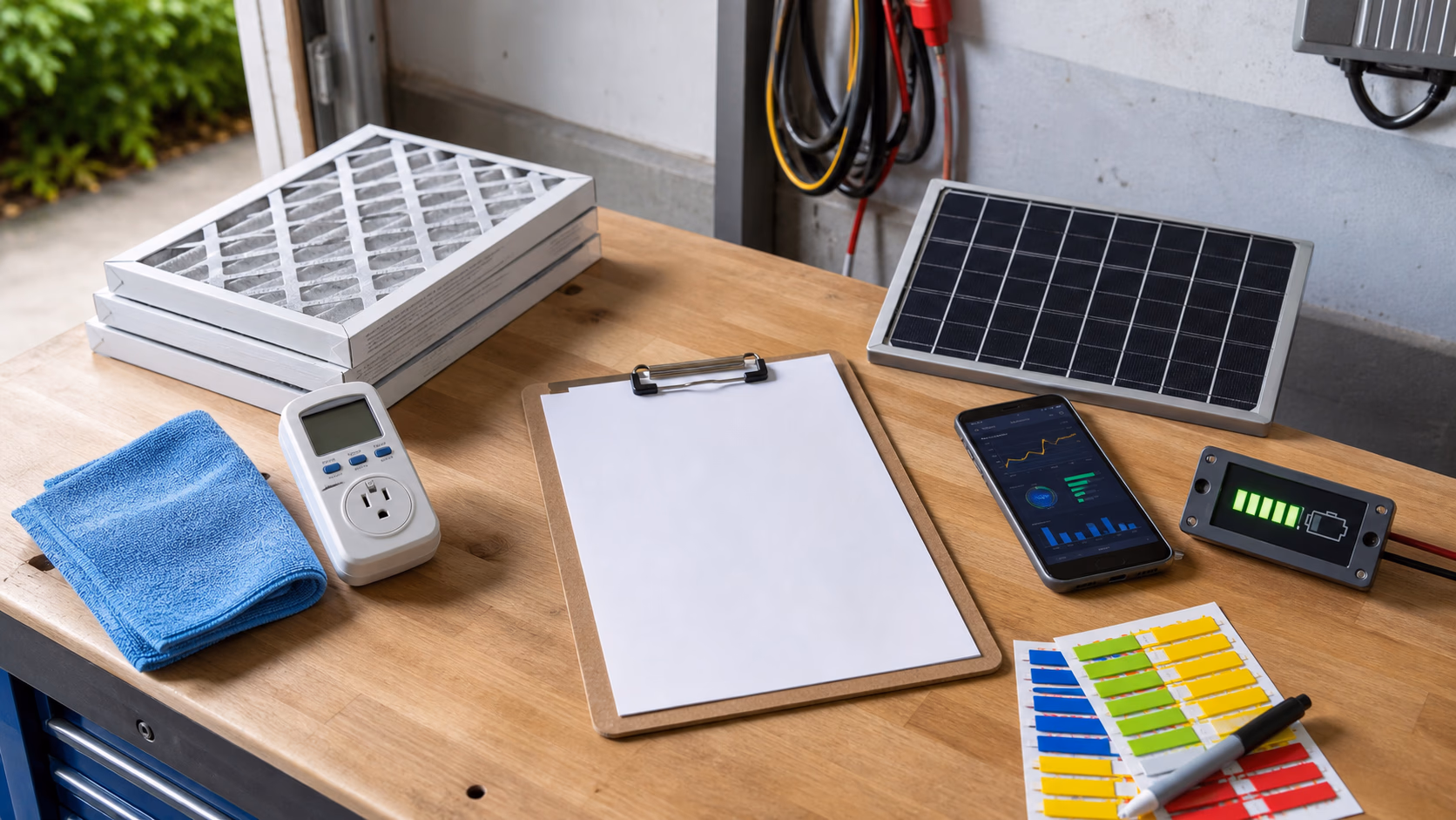 A maintenance checklist scene for home efficiency with filters, weatherstripping, bulbs, tools, and a simple priority board