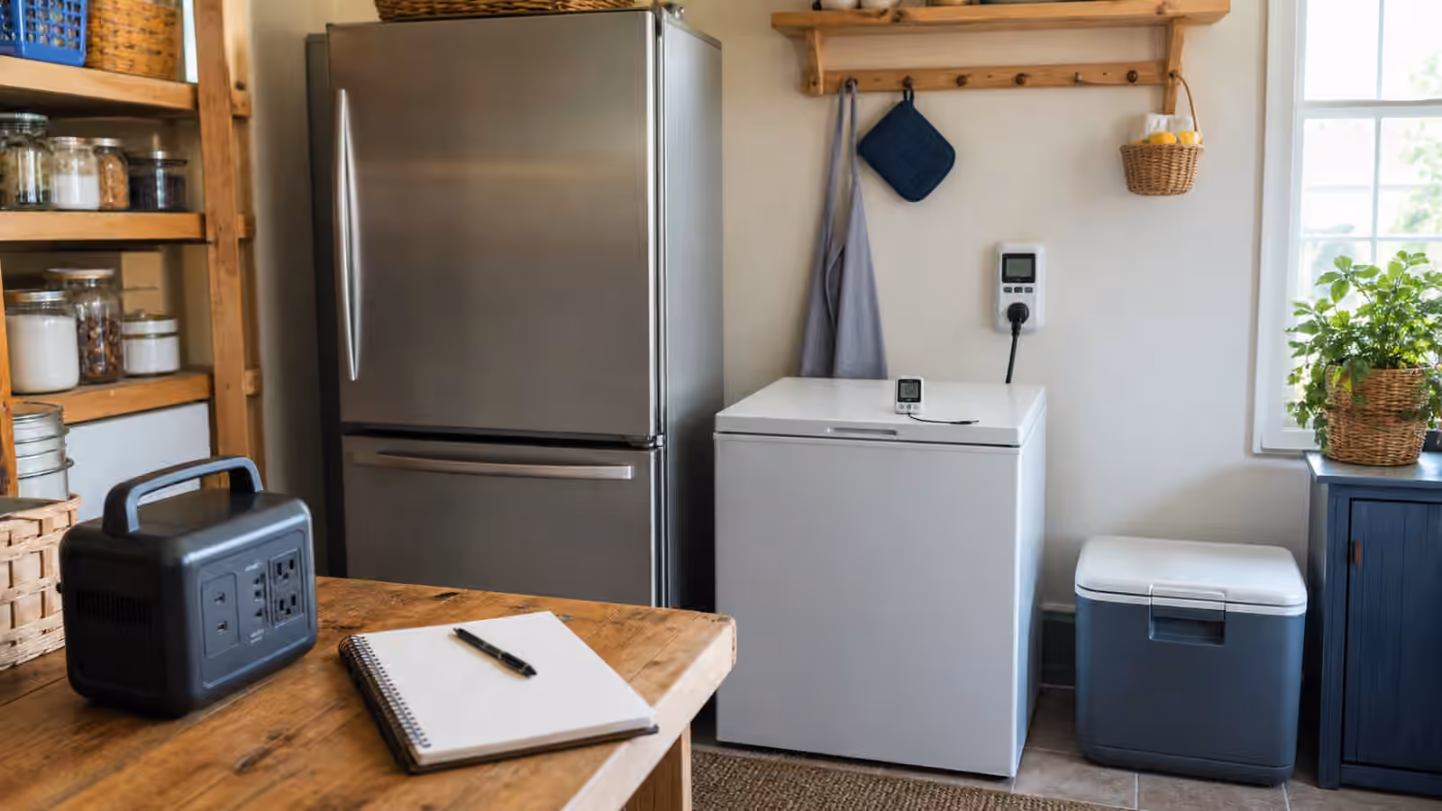 A refrigerator, chest freezer, plug-in energy meter, appliance thermometer, cooler, portable battery, and blank notebook in a bright utility room.
