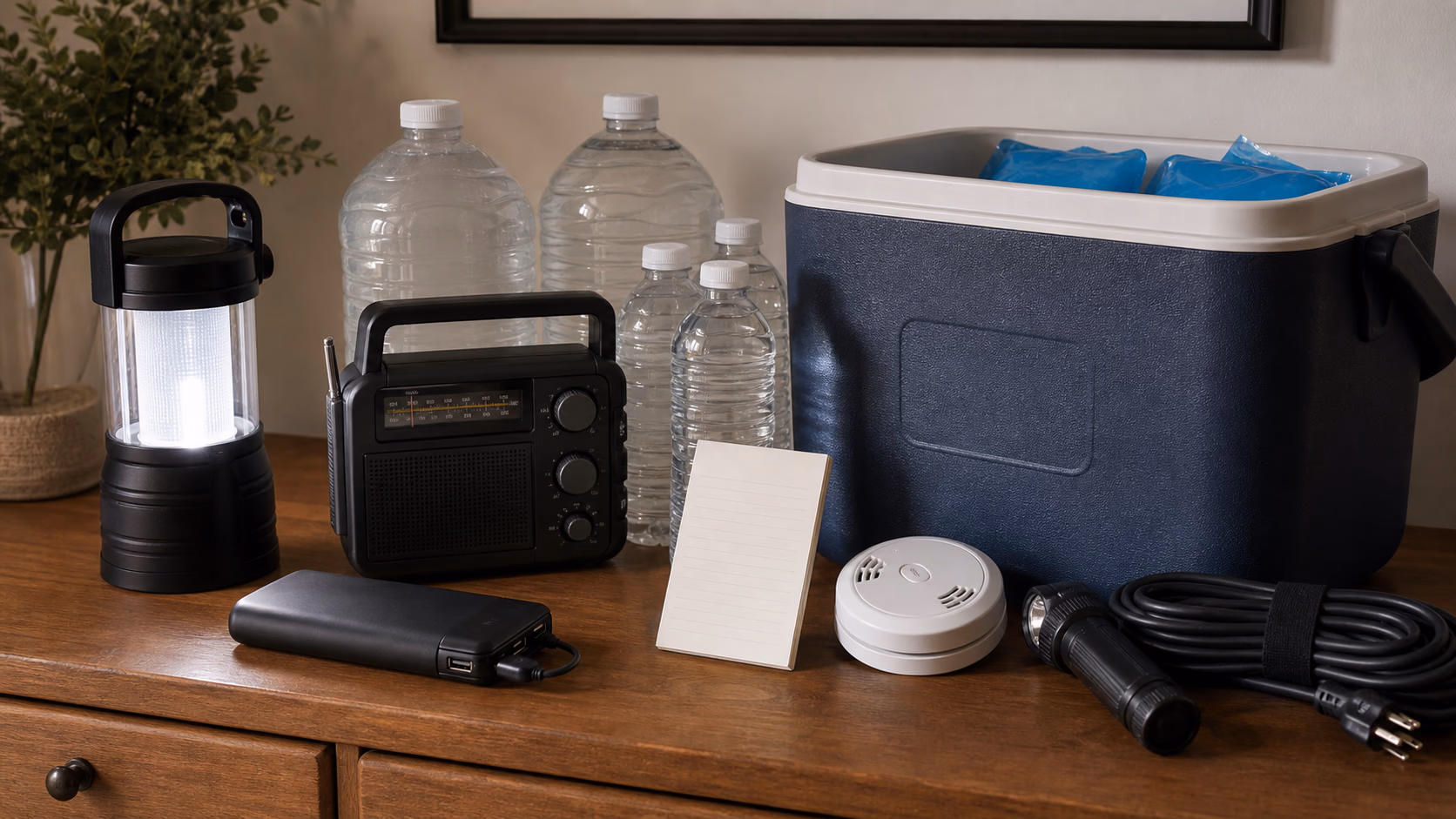 A safety-focused outage kit with carbon monoxide alarms, flashlights, cords, fuel notes, and emergency supplies laid out for review