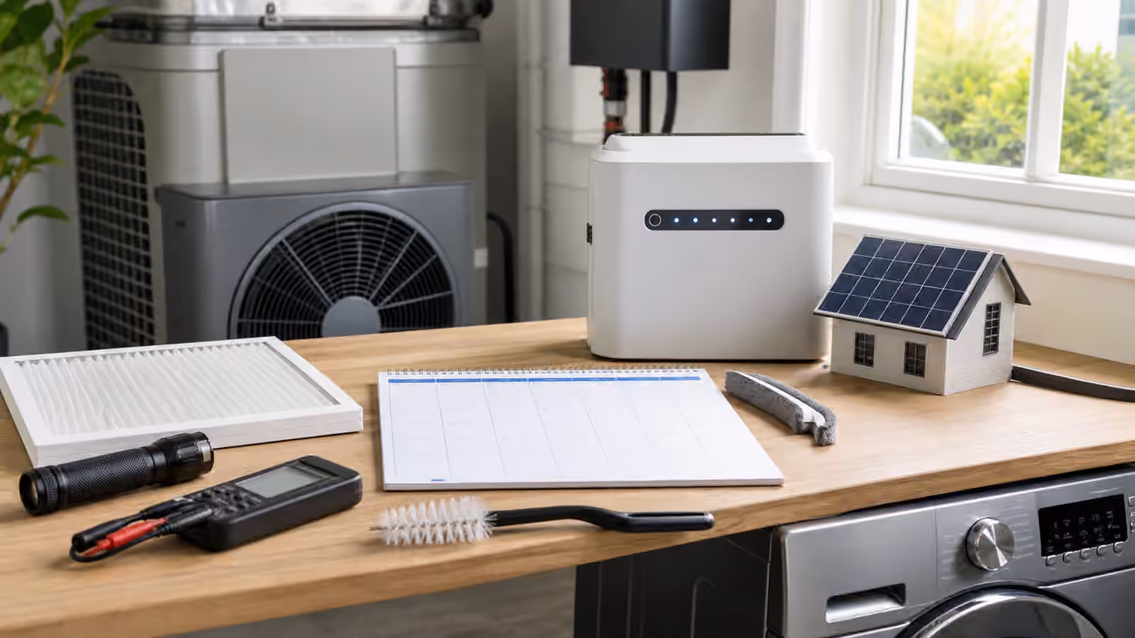 A utility room table with an HVAC filter, flashlight, weatherstripping, battery tester, brush, and blank seasonal calendar.
