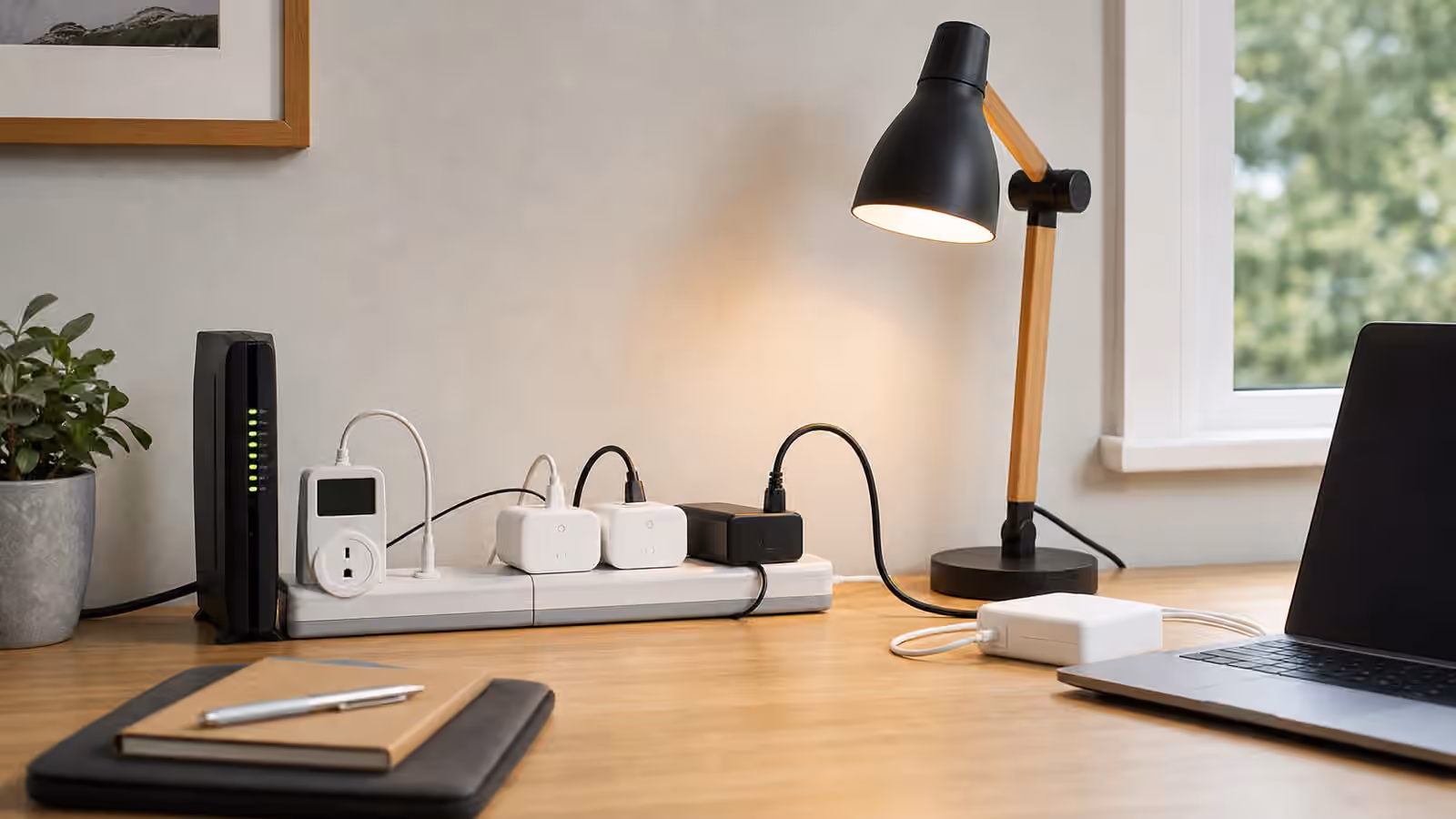 A tidy home office desk with smart plugs, a power strip, laptop charger, router, desk lamp, and plug-in energy meter.