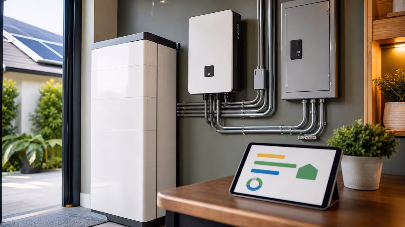 A home utility wall with a battery cabinet, solar inverter, electrical panel, conduit, and a tablet showing abstract energy bars.