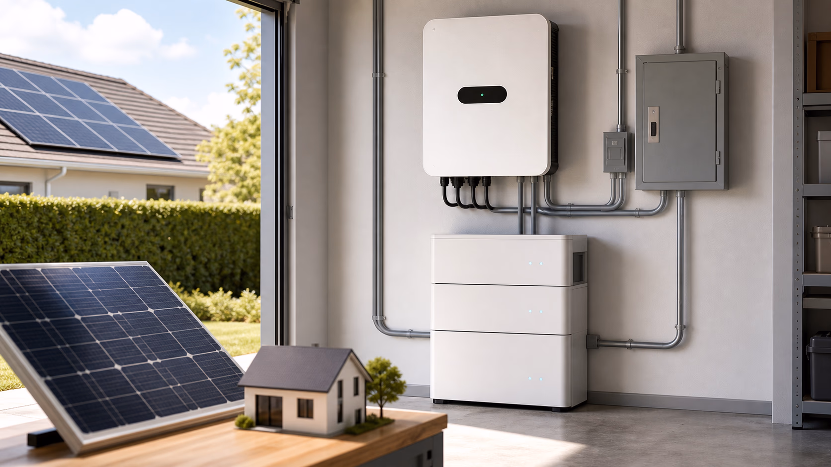 A home solar and battery system scene with wall-mounted equipment, roof solar context, monitoring display, and clear service space