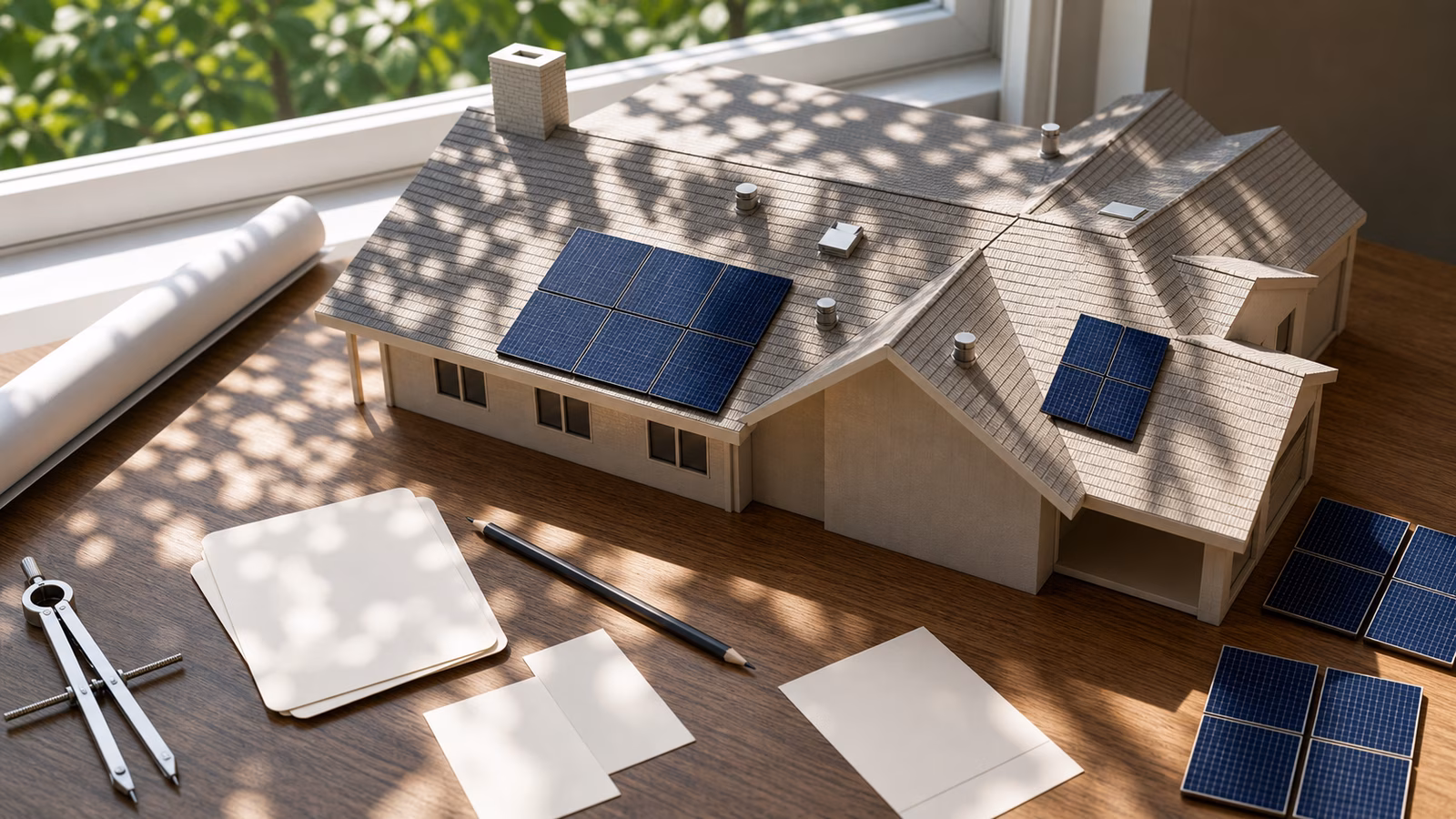 A roof model with solar panels, vents, and tree shadows showing usable panel area