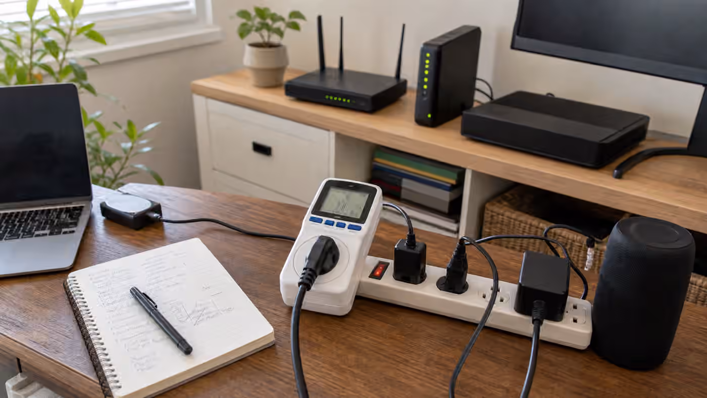 A home office table with a plug-in electricity meter, power strip, router, laptop charger, notebook, and media equipment.