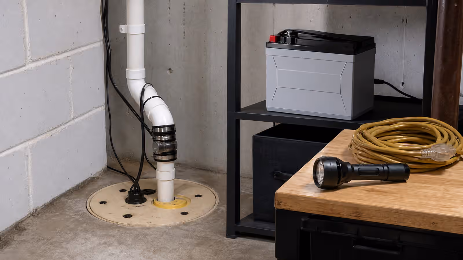 A clean basement utility corner with a covered sump basin, backup battery unit, flashlight, and discharge pipe.