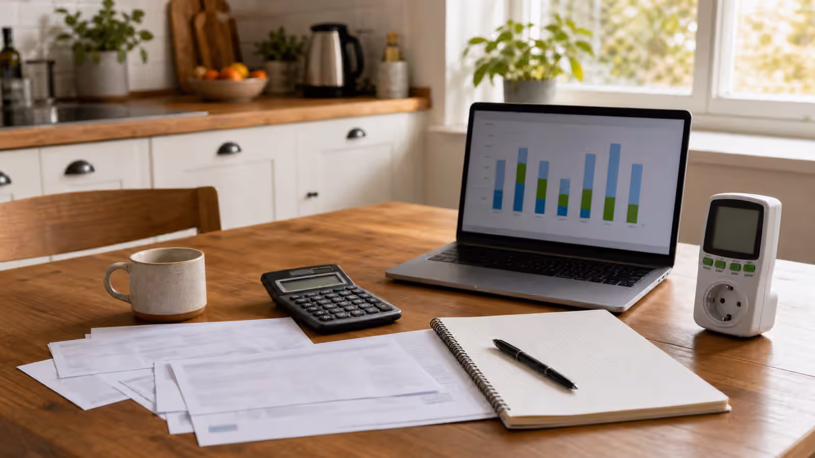 A kitchen table with unreadable utility bills, a calculator, notebook, laptop, and plug-in energy meter.