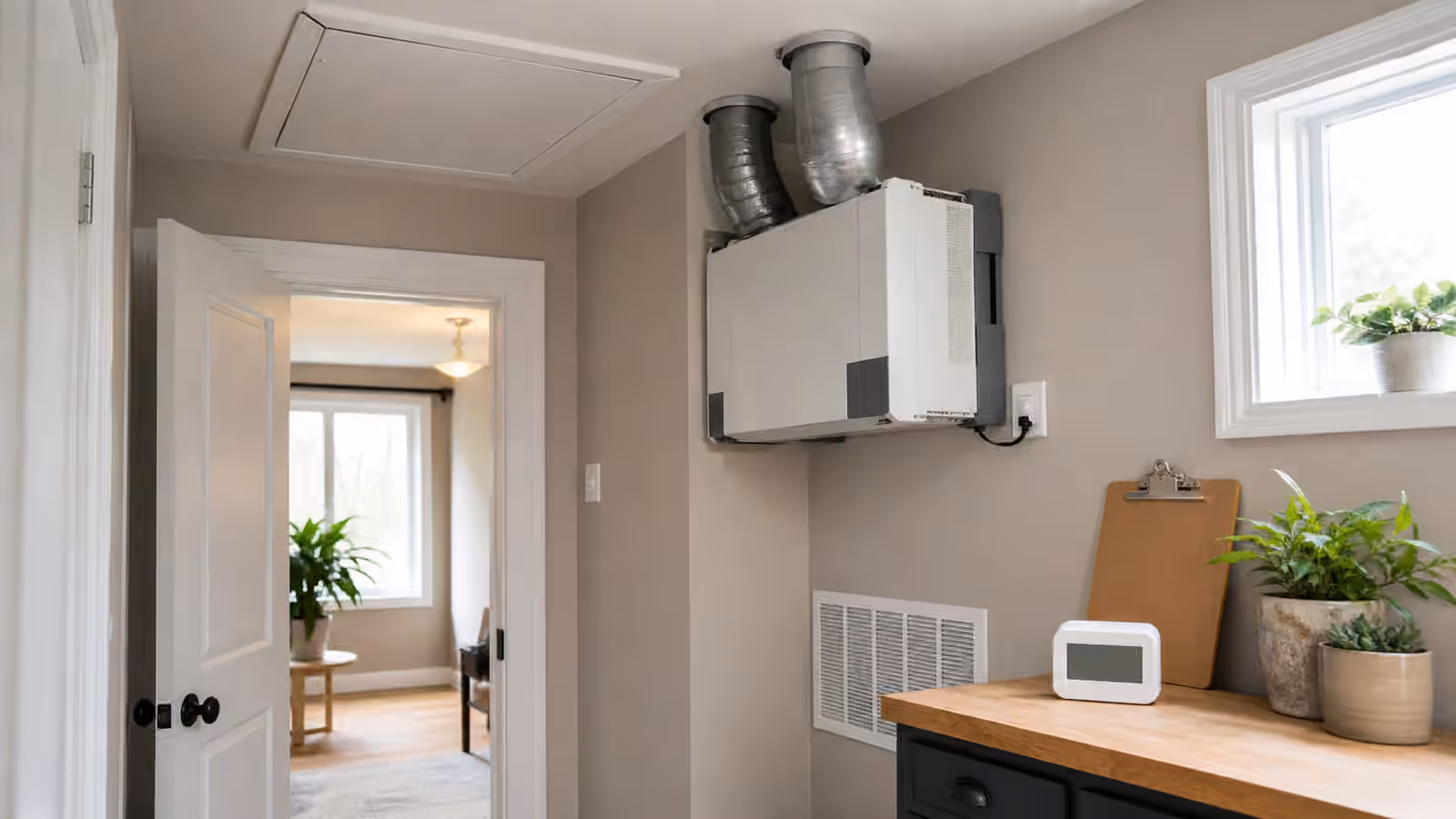 A sealed attic hatch, ventilation grille, humidity meter, and planning clipboard in a tidy hallway.