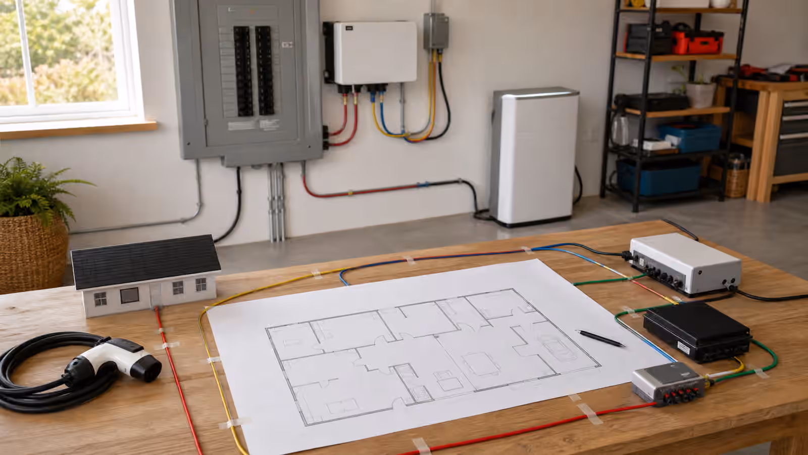 Whole-home energy map with sources, loads, and controls on a planning table