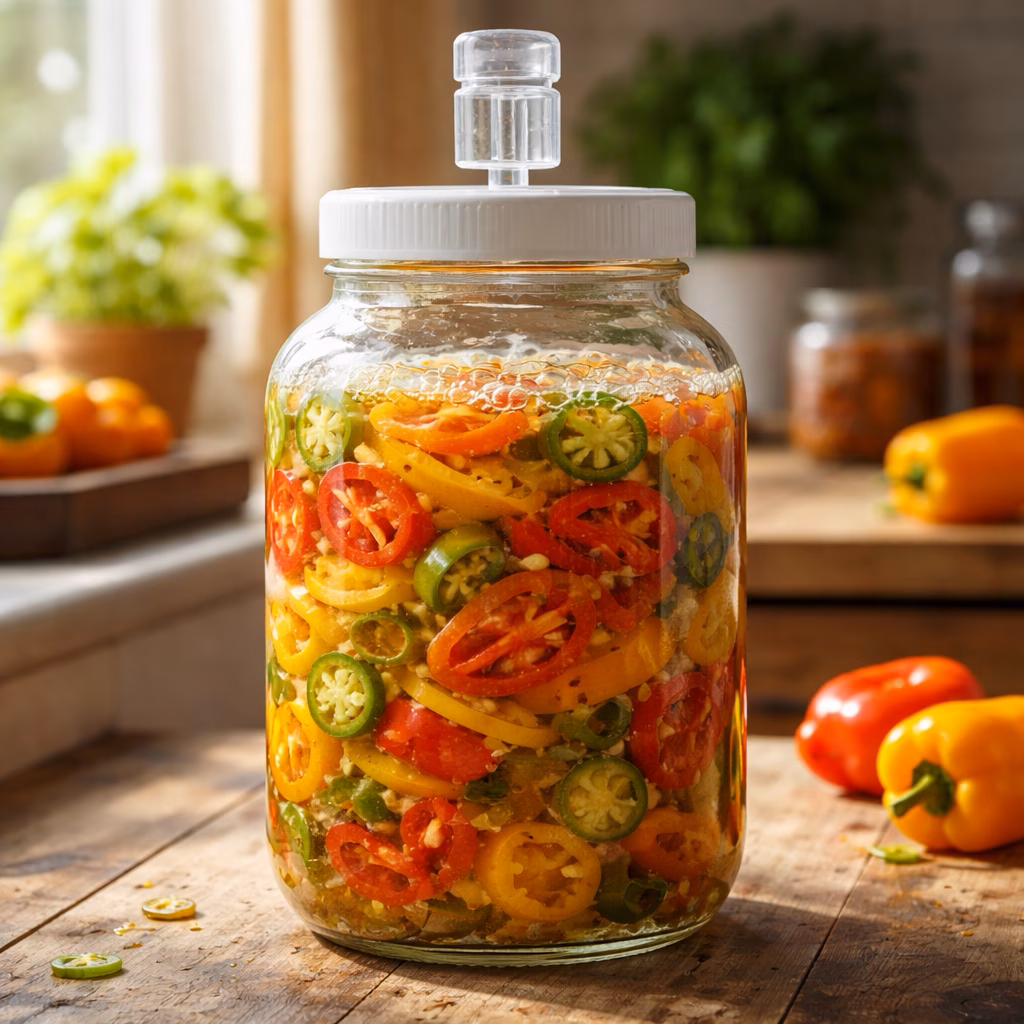 A glass fermentation jar with colorful sliced peppers submerged in brine, airlock lid visible, small bubbles rising, warm kitchen background, natural daylight, realistic food photography
