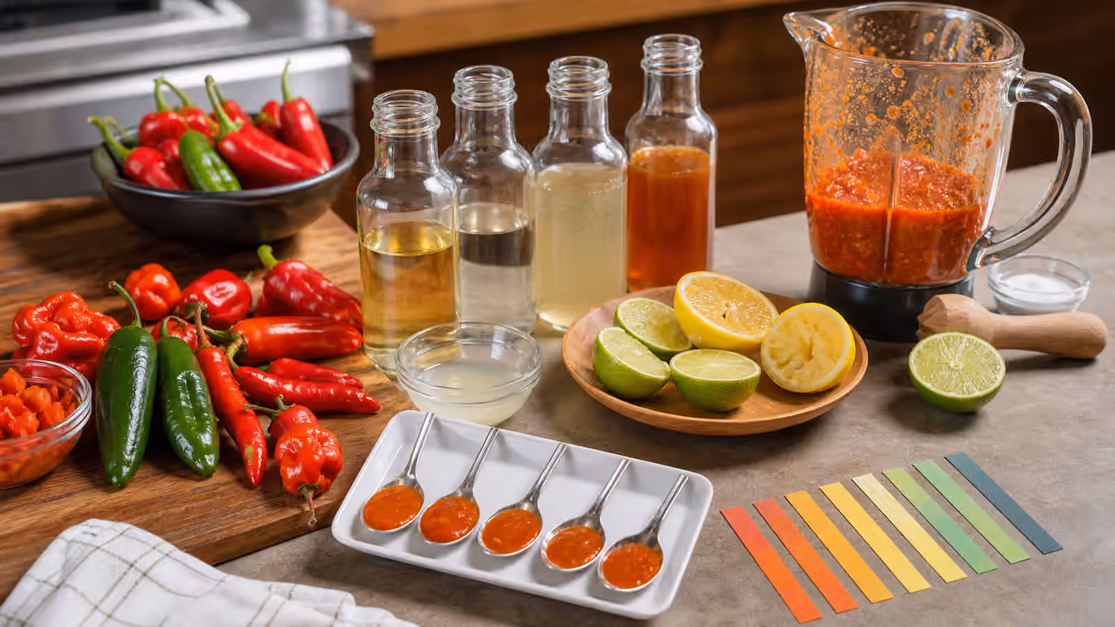 Hot sauce acid balance tasting setup with peppers, vinegar, citrus, and sauce samples