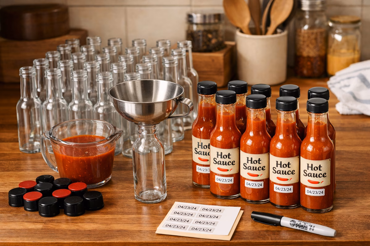 Hot sauce bottling setup: clean glass bottles with caps, a funnel, labeled bottles with date stickers, soft kitchen lighting, organized workspace, realistic photography