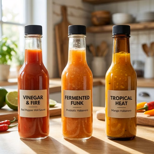 Three hot sauce frame types: vinegar-forward red sauce, fermented orange sauce with visible probiotic cloudiness, and fruit-forward mango habanero, each with label cards, bright kitchen counter, natural daylight