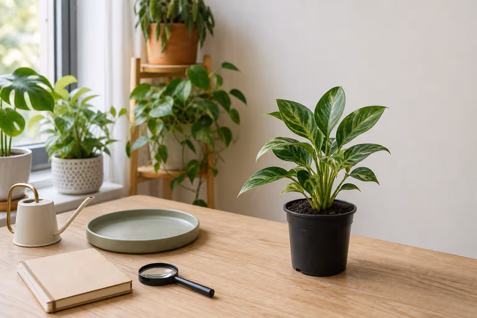 A new nursery-potted houseplant isolated on a plant care table for acclimation.