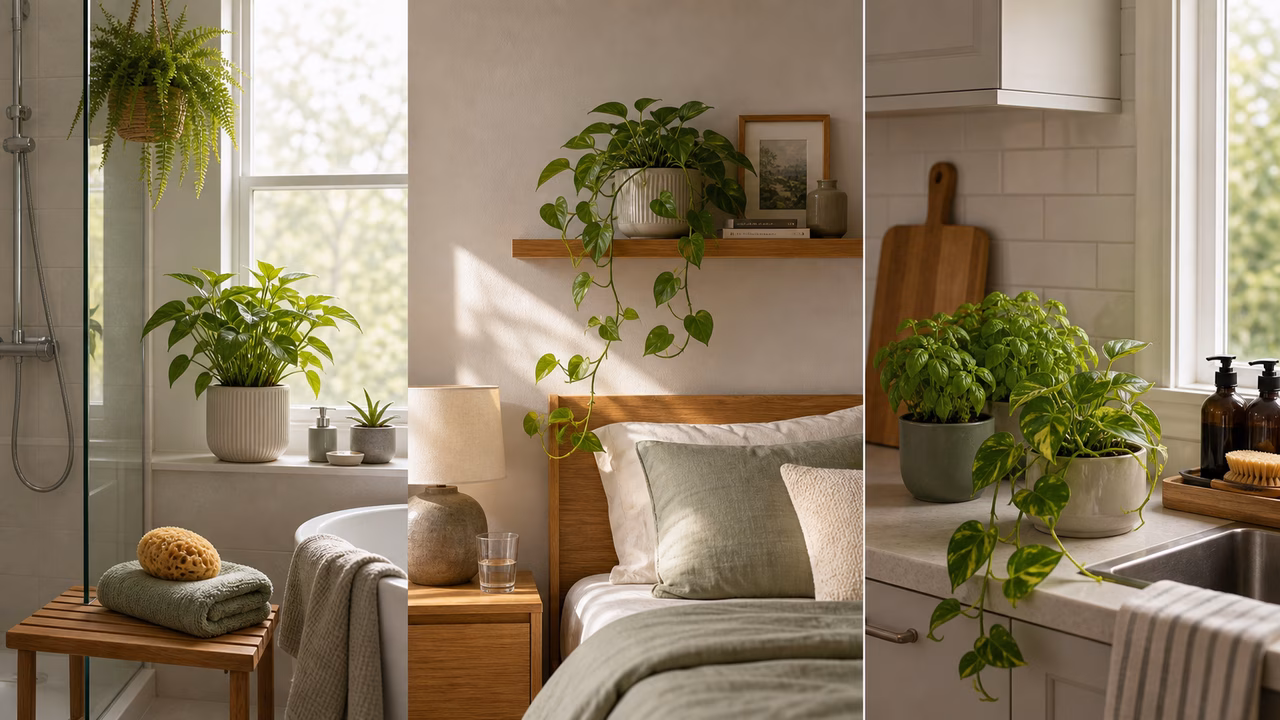 A practical indoor plant care setup for bathroom, bedroom, and kitchen plants.