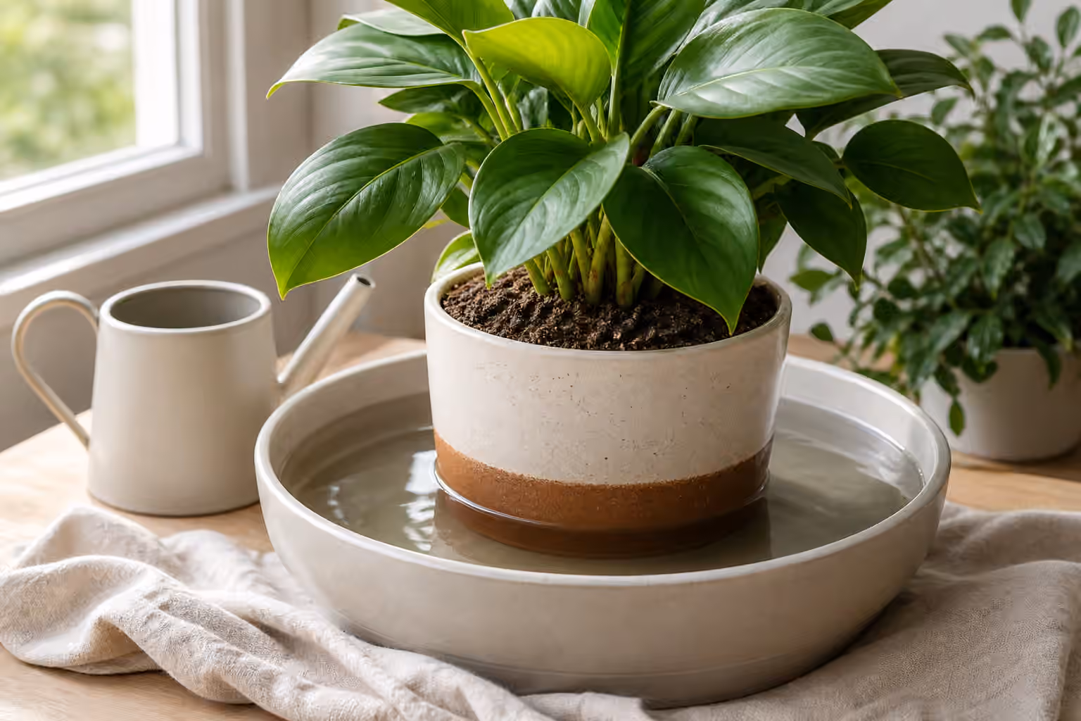 A potted houseplant sitting in a shallow basin for bottom watering.
