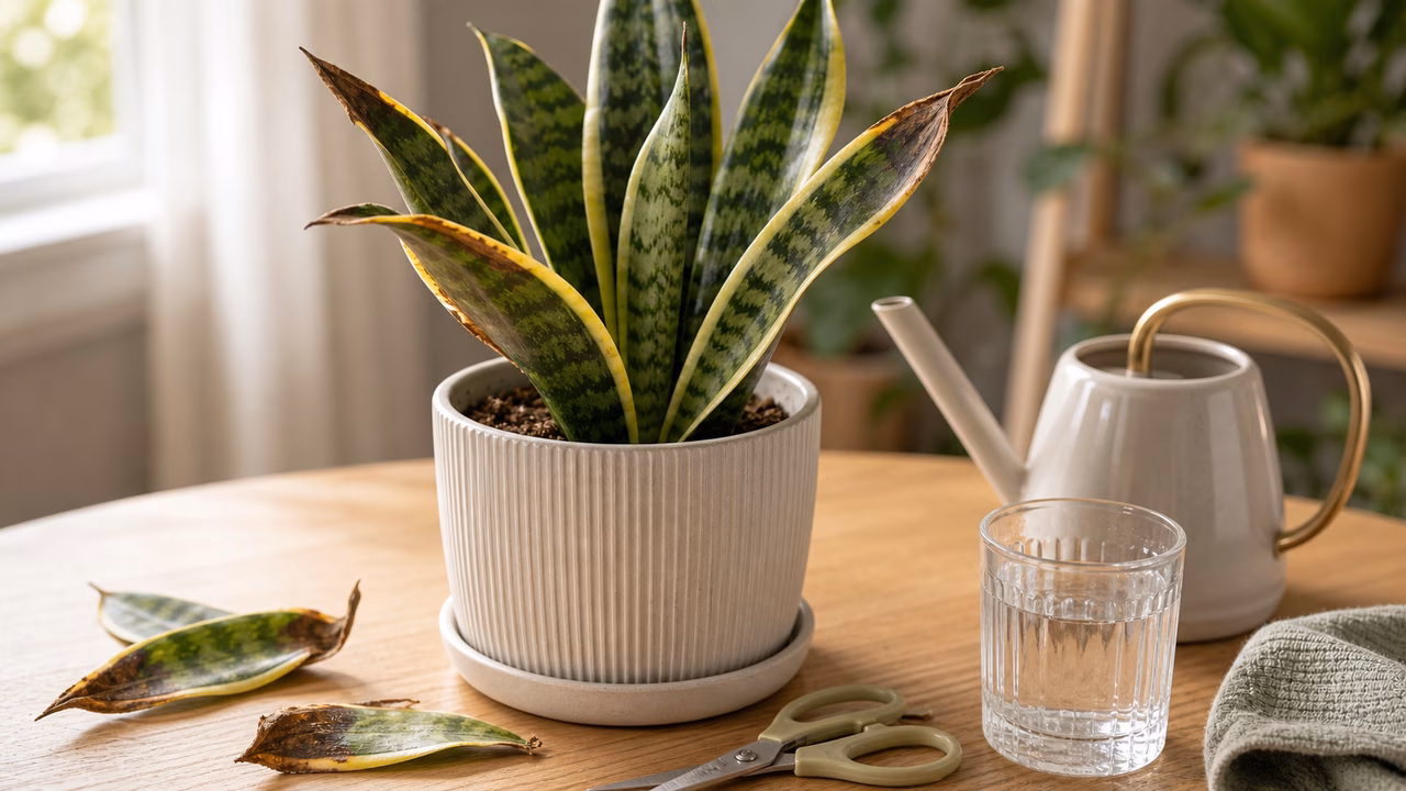 A close view of brown-tipped houseplant leaves beside clean scissors and a small watering can.