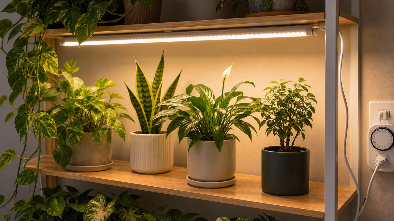 A tidy shelf of houseplants under an unbranded grow light strip with a timer.