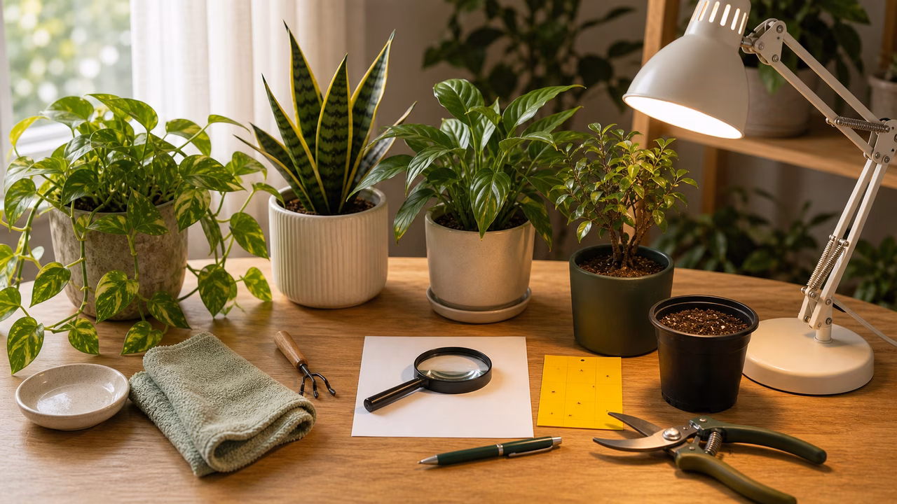 A practical indoor plant care setup for houseplant pest inspection routine.