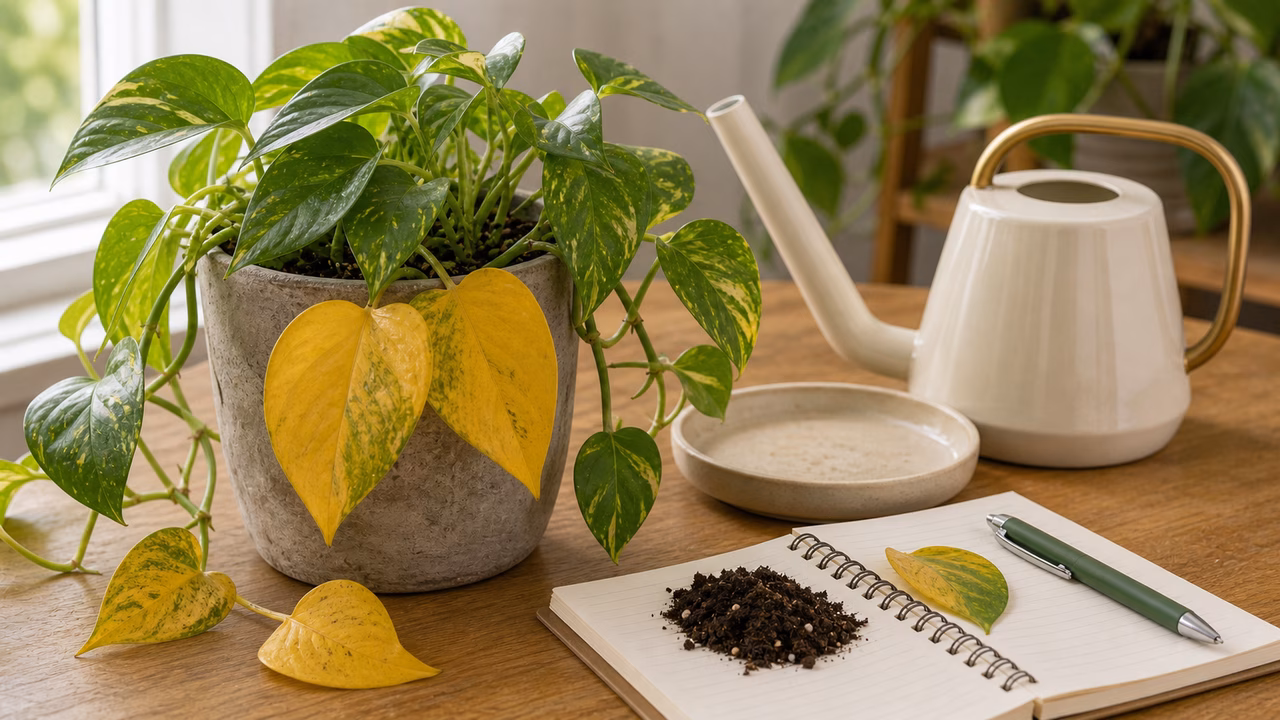 A pothos with a few yellow lower leaves beside a soil check notebook and watering can.