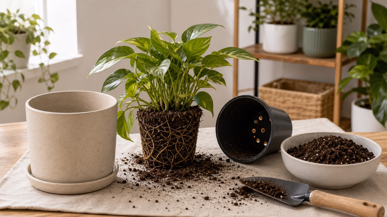 A gentle repotting setup with fresh mix, visible roots, and a pot with drainage.
