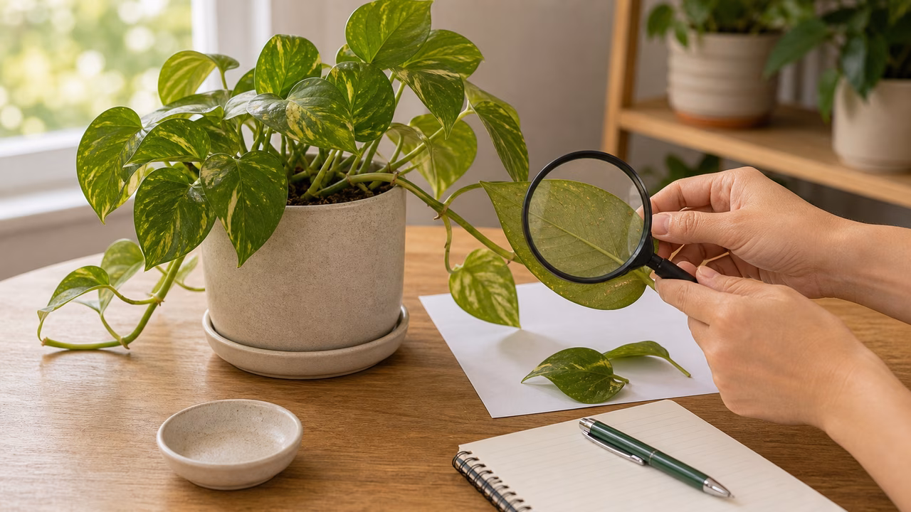 A leaf underside inspection setup with magnifier, white paper, and a small potted plant.