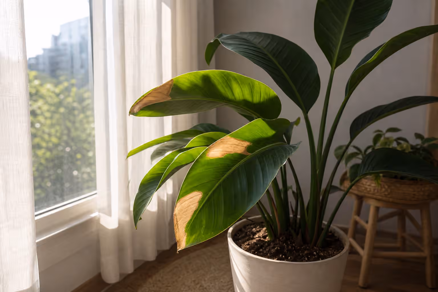 A broad-leaf houseplant near a bright window with tan scorched patches on exposed leaves.