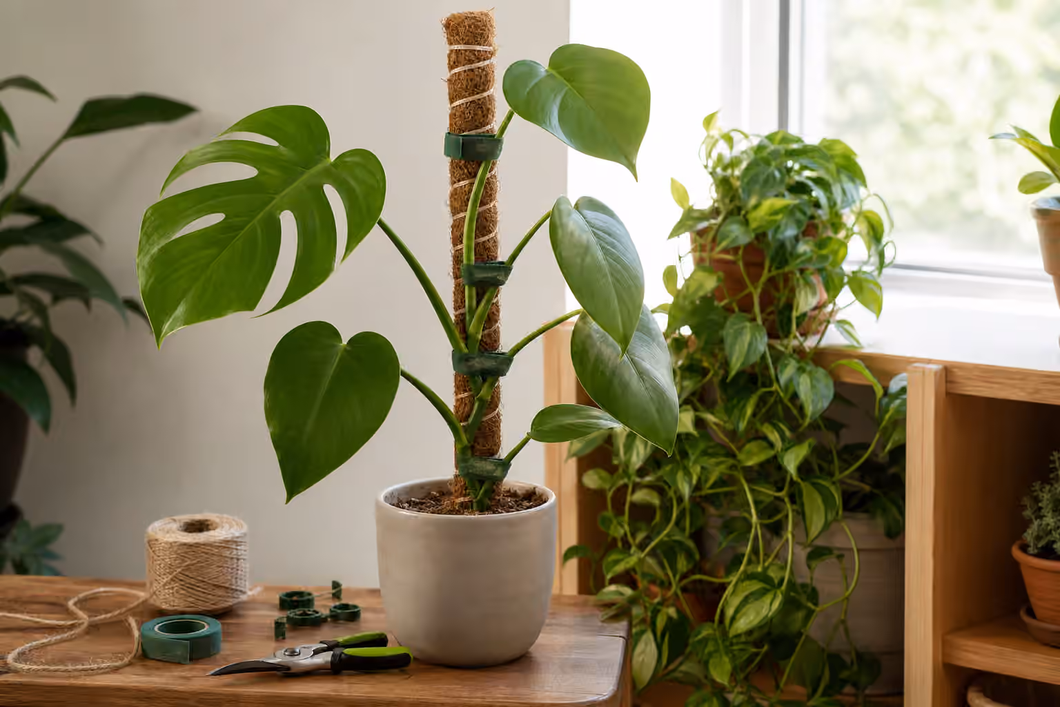 A young climbing houseplant tied gently to a moss pole near a trailing vine.