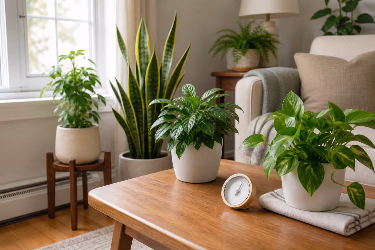 Houseplants arranged away from a window and room vent with a small thermometer nearby.