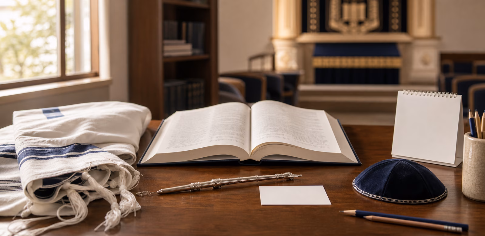 A bar and bat mitzvah preparation table with a tallit, prayer book, yad pointer, kippah, blank note cards, and pencils.