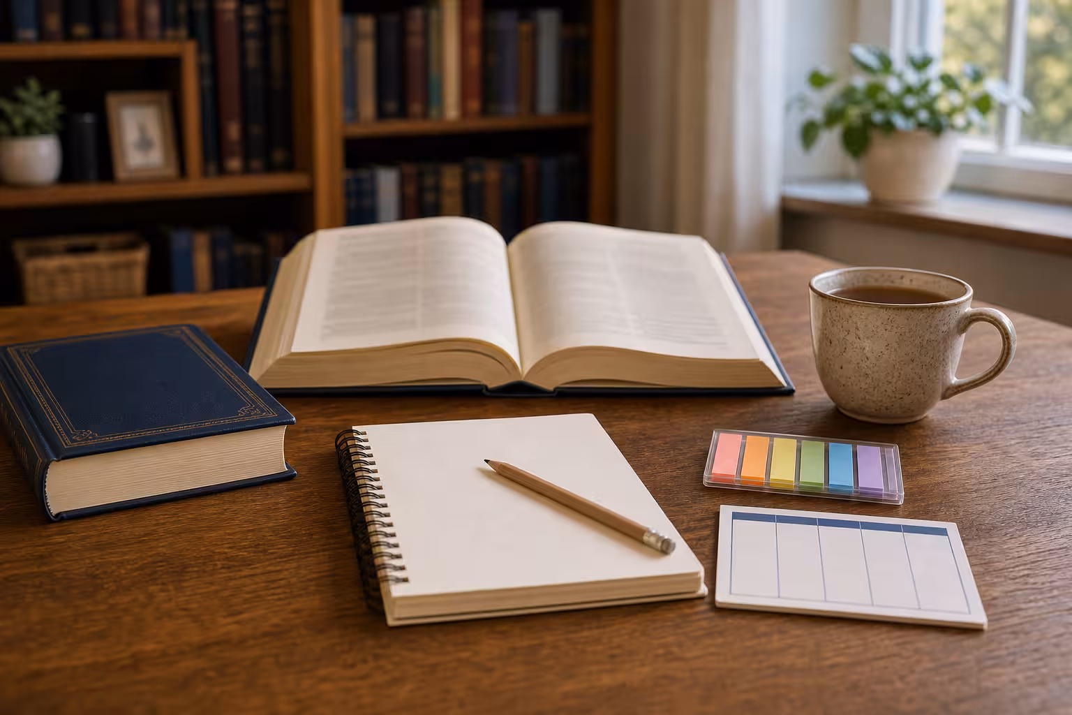 A beginner Jewish study desk with one unreadable open book, closed reference book, blank notebook, pencil, sticky tabs, tea, and blank weekly study card