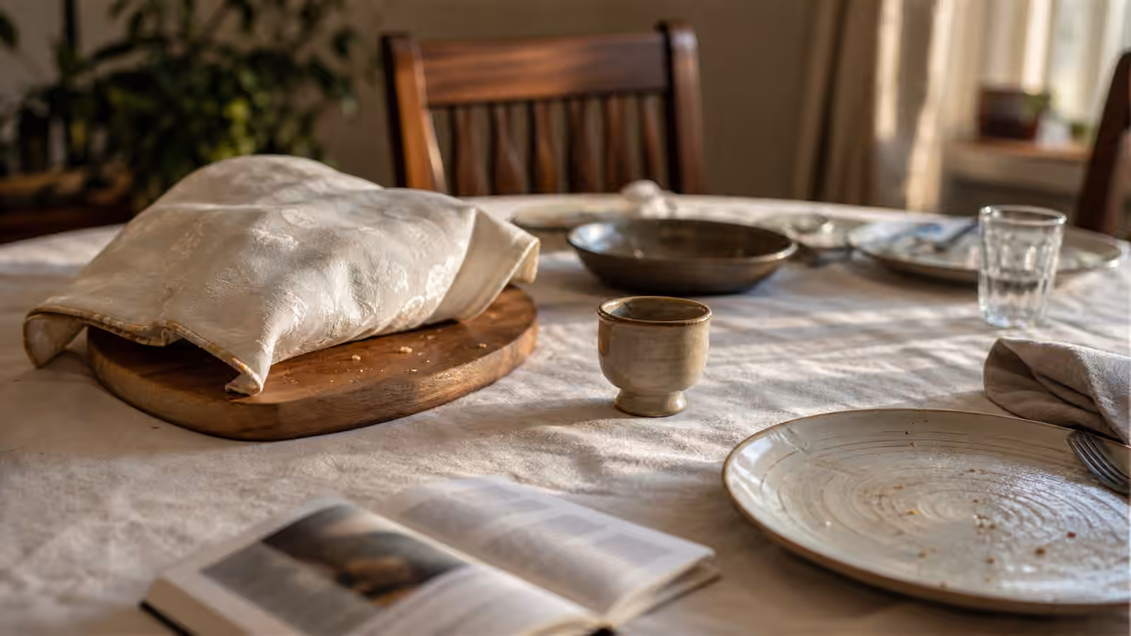 A dining table after a bread meal with a small prayer booklet, covered challah board, cup, plates, and soft afternoon light.