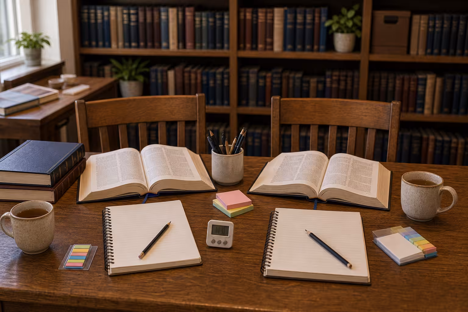 A beginner chavruta paired study table after learners stepped away, with two chairs, open books, blank notebooks, pencils, sticky tabs, and tea