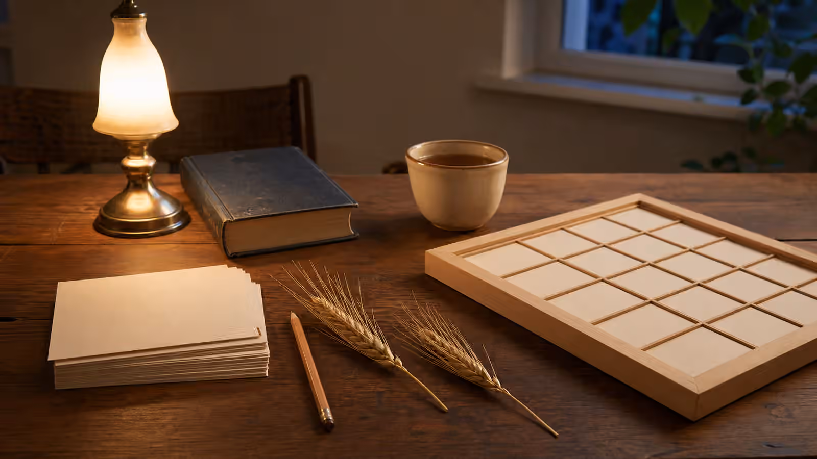 A quiet evening table with a lamp, closed book, blank cards, pencil, tea, grain stalks, and an unmarked counting tray.