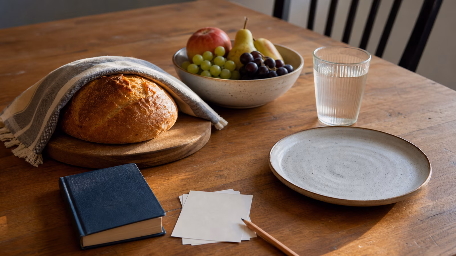A simple home table with covered bread, fruit, water, a closed prayer book, blank cards, pencil, and an empty plate.