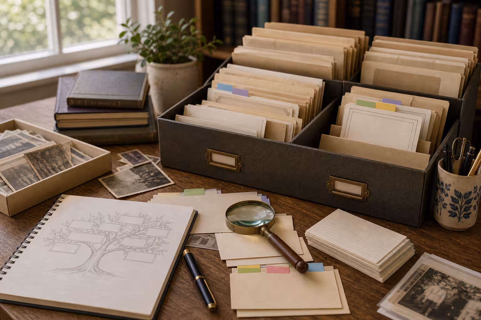 A genealogy lookup reference box with archival envelopes, blank family tree cards, blurred photos, magnifying glass, and color tabs