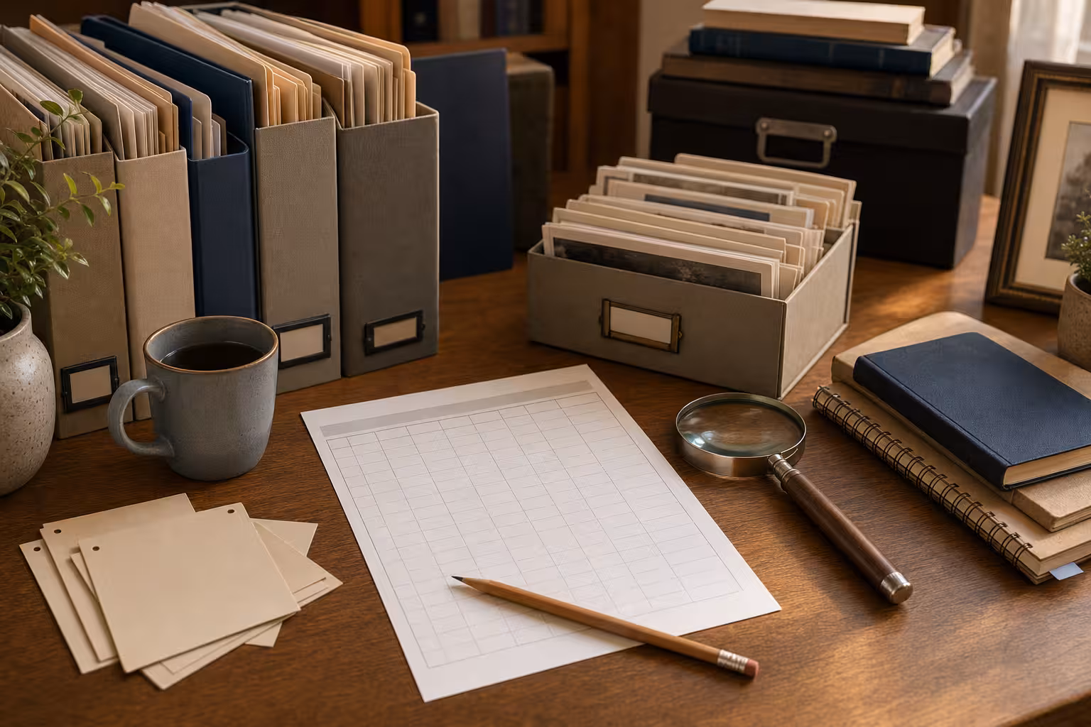 A genealogy research log desk with a blank log sheet, archival folders, pencil, unreadable date cards, magnifying glass, and scanned photo prints turned away