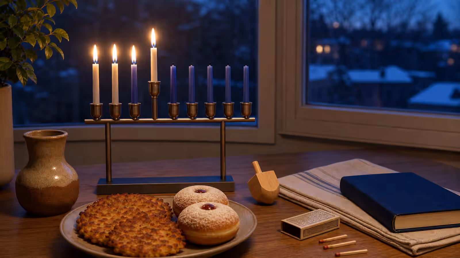 A Hanukkah table by a winter window with lit candles, simple oil foods, a dreidel, matches, and a closed prayer book.