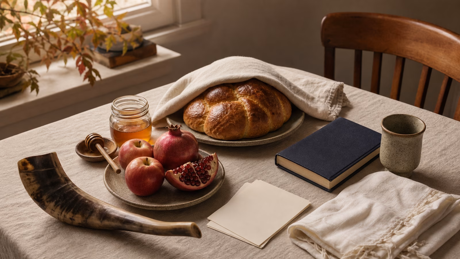 A High Holidays preparation table with round challah, apples, honey, pomegranate, shofar, closed prayer book, blank cards, and a folded white cloth.