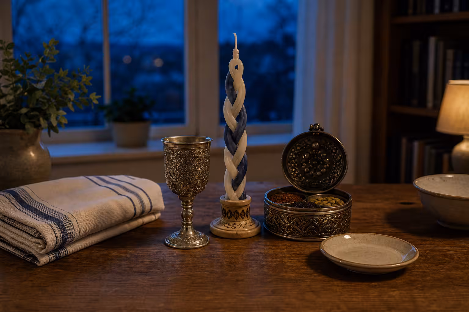 A home havdalah setup with an unlit braided candle, spice box, kiddush cup, folded cloth, small plate, and blue Saturday-night window light