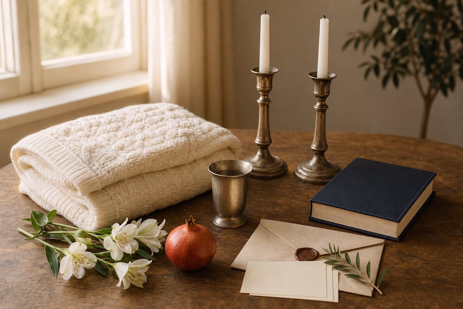 A warm home table with a folded baby blanket, candles, kiddush cup, closed book, pomegranate, flowers, envelope, and blank name cards.