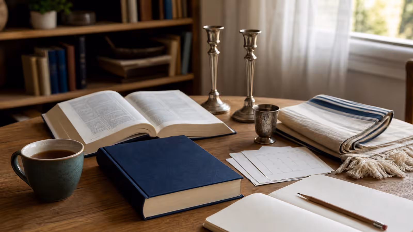A quiet Jewish study table with books, candlesticks, calendar cards, notebook, and tea.